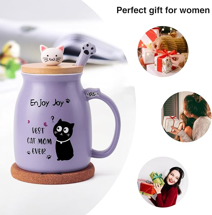 Best Mom Ever Coffee Mug - Mothers Day Gift for Mom, 16 Oz Purple Cute Cat Ceramic Cup with Spoon Lid, Birthday Gifts for Women, Best Mom Novelty Mug Ideas for Her, Mama, Grandma, Daughter, Sister