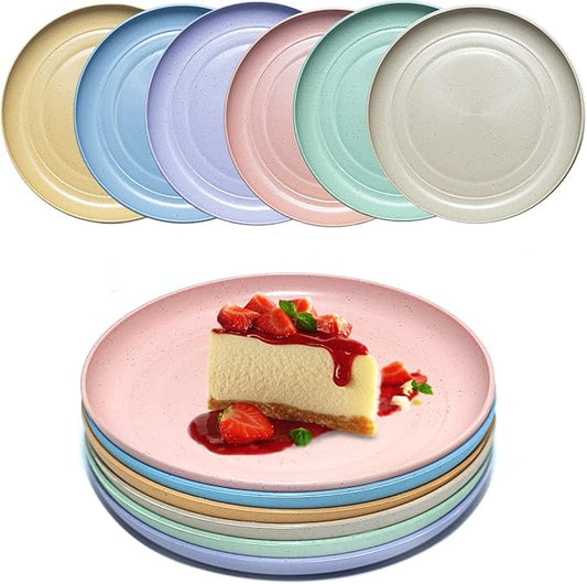 6 PACK 6 Inches wheat straw plates, Unbreakable Deep Dinner Plates, Plastic Plates Reusable, Assorted Colors Dinnerware Sets, Microwave & Dishwasher Safe, Healthy for Kids & Adult