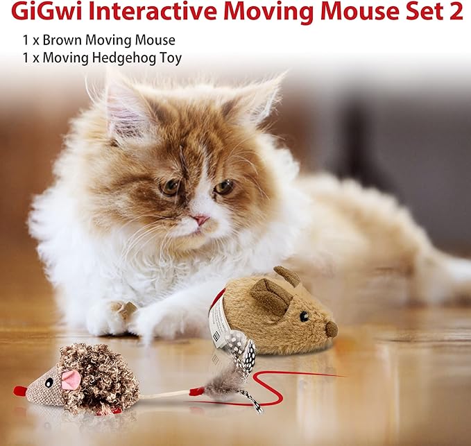 Gigwi Interactive Cat Toys Pack, Automatic Moving Mouse Electronic Cat Toys for Indoor Cats, Mouse Hunt Cat Toy for Kitten, 2 Pack (Brown Mouse & Hedgehog)