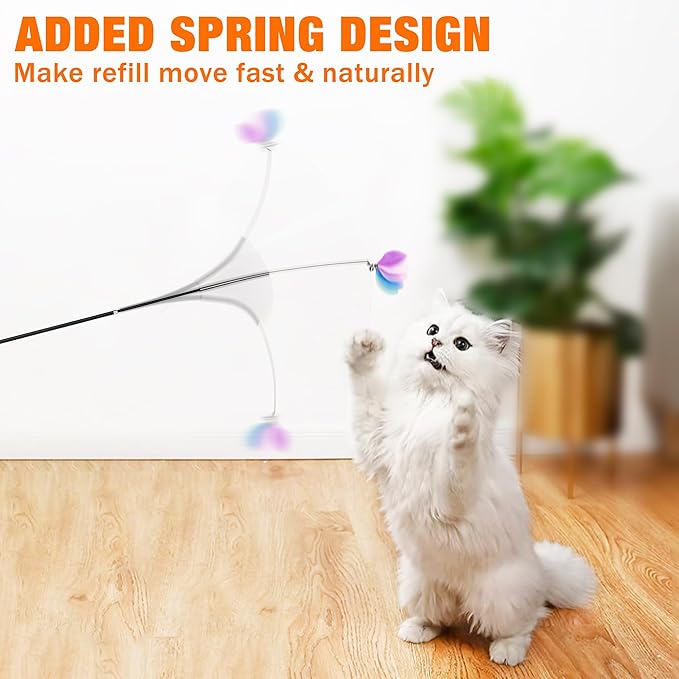 JXFUKAL 2025 Latest Cat Toys, 2 in 1 Spring Cat Wand Toy with 2PCS Ultra-Long Cat Teaser, 4PCS Spring Steel Wire & 5PCS Feather Refills for Kitty Kitten Indoor Cats Cat Accessories
