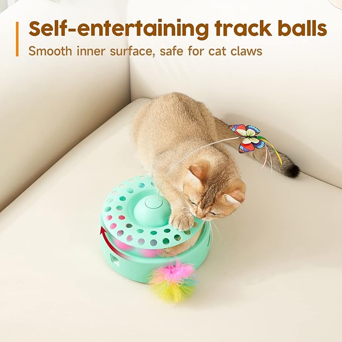 Potaroma Cat Toys 3-in-1 Automatic Interactive Kitten Toy, Fluttering Butterfly, Random Moving Ambush Feather, Track Balls, Dual Power Supplies, USB Powered, Indoor Exercise Cat Kicker (Green)