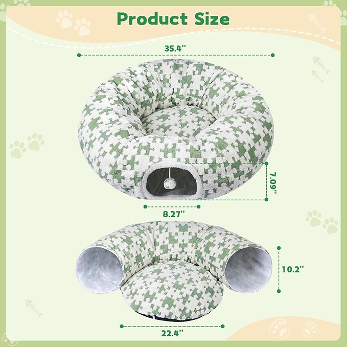 Cat Tunnel Bed Cat Cave for Cats Indoor, Maansfy Large Peekaboo Cat Cave Donut Tunnel Interactive Cat Toy Multifunctional Round Pet Play Tunnel Tube for Kitten Medium Large Cat - Green