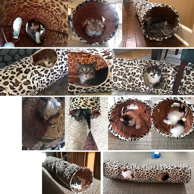 LeerKing Extra Long Cat Tunnel 51"(L) Dia 12" for Large Fat Cat connectable Crinkle Tube Indoor Outdoor Hideaway Toy for Kitty Bunny and Puppy Leopard