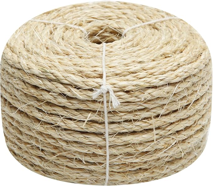 Natural Sisal Rope 1/4 Inch by 49-Feet for Cat Scratching Post Tree Tower Replacement Repair and Replace, DIY Hemp Twine Rope for Kittens Shelves Furniture Window Bed Perch Climbing, 6mm by 15m