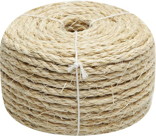 Natural Sisal Rope 1/4 Inch by 49-Feet for Cat Scratching Post Tree Tower Replacement Repair and Replace, DIY Hemp Twine Rope for Kittens Shelves Furniture Window Bed Perch Climbing, 6mm by 15m