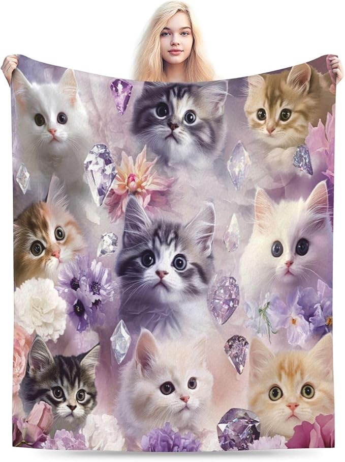 Kawaii Cat Blanket - Soft Cozy Kitten Plush Throw Blanket, Super Warm Fleece Fuzzy Bedding Blanket for Kids, Girls, Boys, Women Bed Decor Stuff, 60"X80