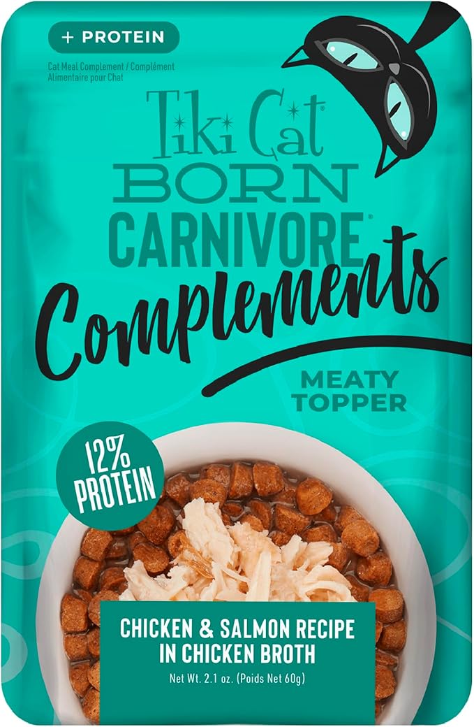 Tiki Cat Born Carnivore Complements Wet Cat Food Topper, Chicken & Salmon 2.1 oz Pouch (12 Count)
