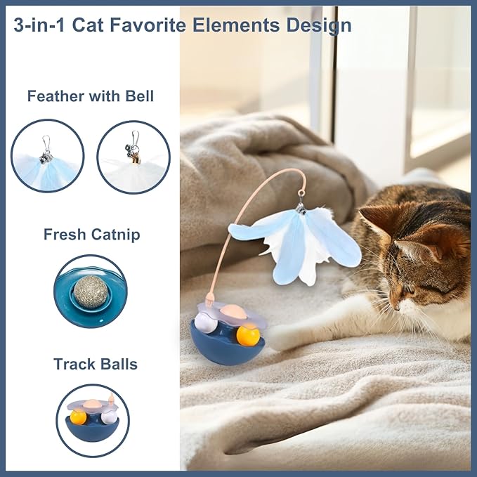 Interactive Cat Feather Toys, Catnip, Track Balls, Cat Teaser for Indoor Cats and Kittens Exercise (Indigo)