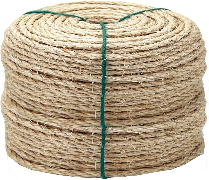 1/6 Inch Natural Sisal Rope, 164-Feet, 50m, for Cat Scratching Post, Tower, DIY Hemp Twine, Replacement, Sisal Fiber, Biodegradable, 4mm Diameter