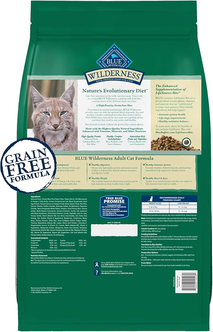 Blue Buffalo Wilderness Duck Supports Health and Wellness High-Protein & Grain-Free Healthy Adult Dry Cat Food 11 lbs.
