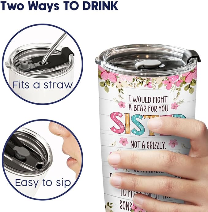 34HD Sister Gifts from Sister, Lilttle Sister Tumbler with Lid 20 oz Stainless Steel, I Would Fight A Bear for You Sister Mug, Sister Coffee Mug, Lil Sister Gifts
