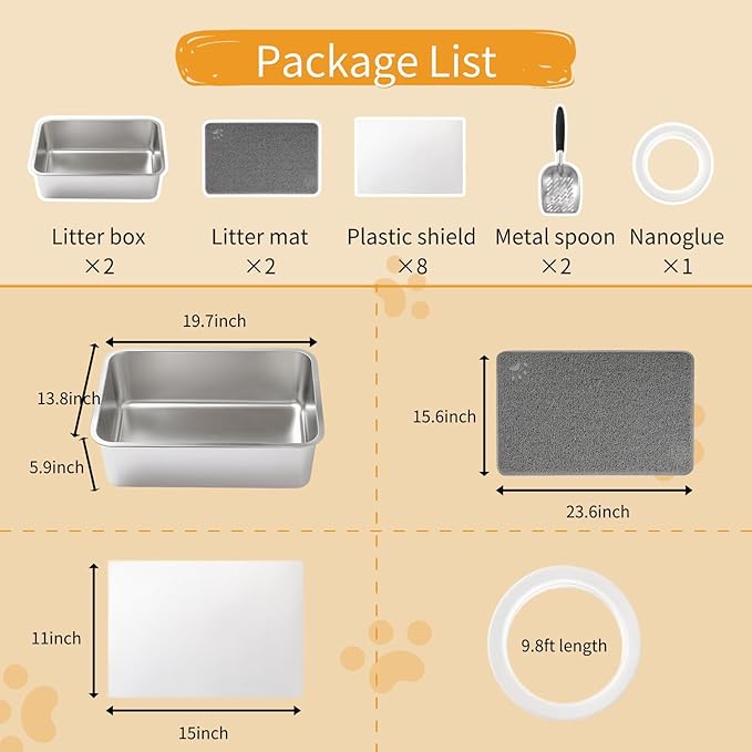 2 Sets Stainless Steel Litter Boxes, Metal Cat Litter Box Pan with High Wall Sides Non-Sticky Kitty Litter Box for Odor Control with Litter Scoop Easy Cleaning 19.7"x13.8"x5.9"