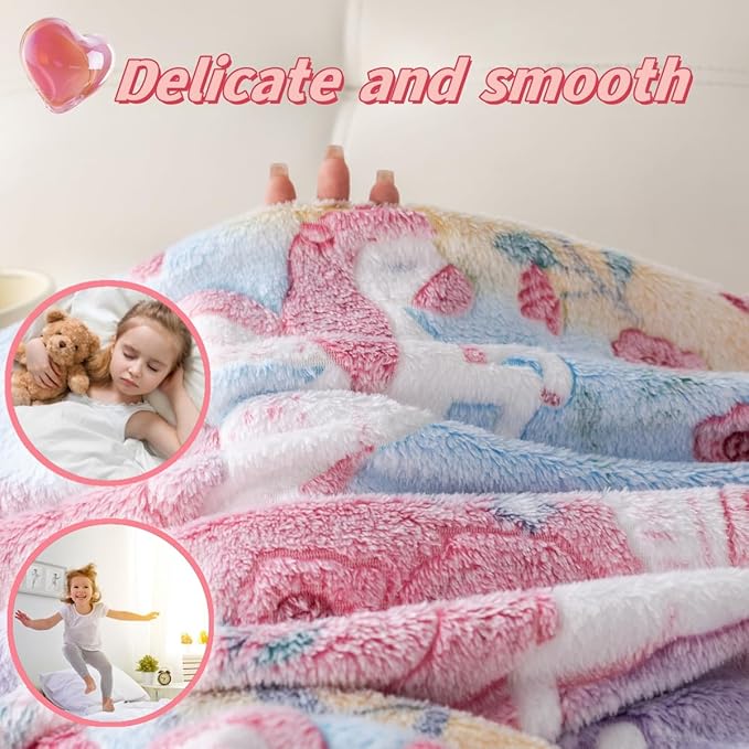 2025 Best Unicorns Gifts Glow in The Dark Blanket for Boys & Girls, Cozy Soft Fluffy Unicorn Flower Girls Throw Blanket, Kids Blanket with Storage Bag, 60x50, Red