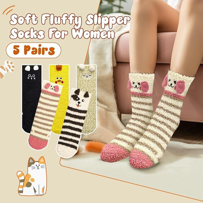 3-6 Pairs Womens Fuzzy Socks Cozy Fluffy Slipper Socks Cute Soft Cat Animal Winter Warm Sleep Socks Gifts