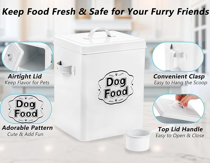 Youeon 5 Lbs- 25 Cup Metal Dog Food Storage Container with Lid and Scoop, Airtight Dog Treat Container, Farmhouse Pet Food Storage Container, Cute Dog Food Canister, Gift for Dogs and Owners, White