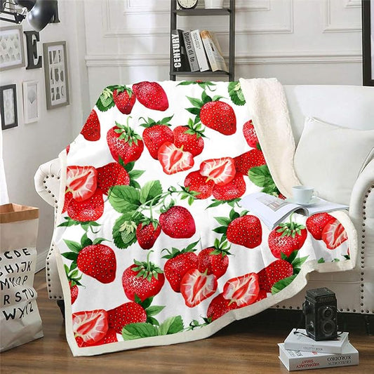 Strawberry Fleece Throw Blanket Girls Kawaii Red Strawberry Blanket for Bed Couch Sofa Women Sweet Tropical Fruit Sherpa Blanket Soft and Cozy Plush Blanket All Season Fuzzy BlanketQueen 90"x90"