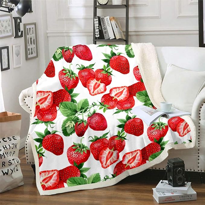 Strawberry Fleece Throw Blanket Girls Kawaii Red Strawberry Blanket for Bed Couch Sofa Women Sweet Tropical Fruit Sherpa Blanket Soft and Cozy Plush Blanket All Season Fuzzy BlanketTwin 60"x80"