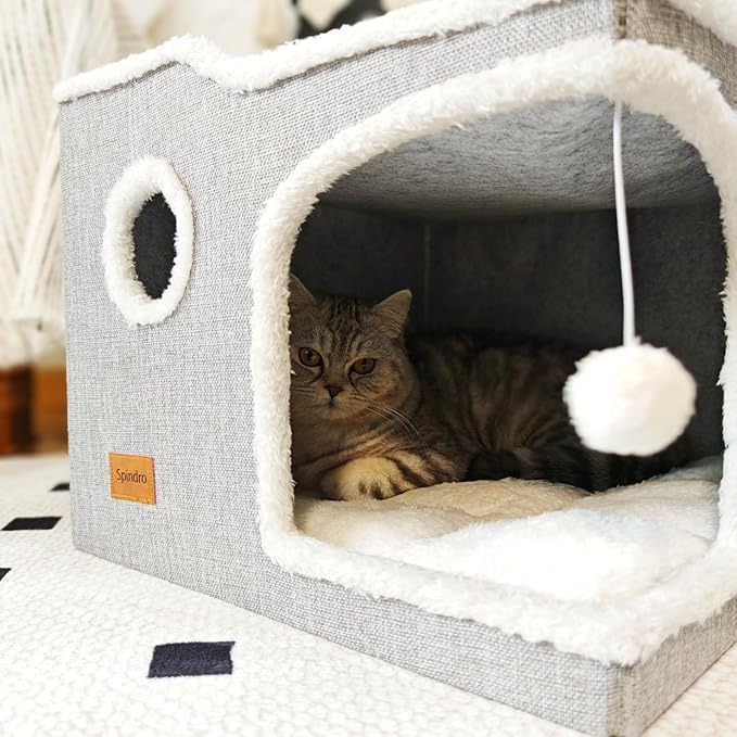 Large Cat Bed for Indoor Cats, Foldable Adult Cat Cave Anti Anxiety Cat House Cube with Scratch Pad Cat Towers, Cute Kitten Condo Hideaway Hut with Soft Pillow Mat for 2 Pets Under 30 lbs