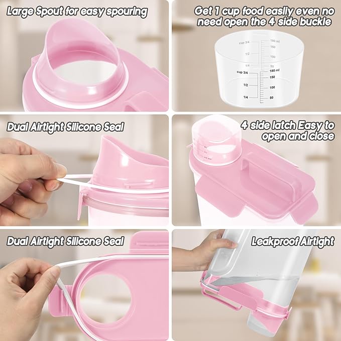 10 LBS Dog Cat Storage Container Portable with Upgraded Large Spout and Cup,Plastic Pet Food Dispenser for Small Animal Kibble,Bird Seed,Oatmeal,Rice,flour,brown sugart-2 pack Smoky Pink