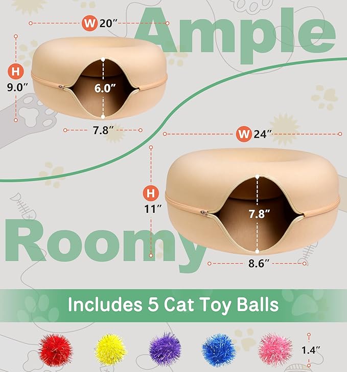Peekaboo Cat Cave for Multiple Cats/Large Cats, Cat Caves for Indoor Cats Up to 9 Lbs, Cat Tunnel Bed, Scratch Detachable and Washable Large Donut Cat Bed, Yellow