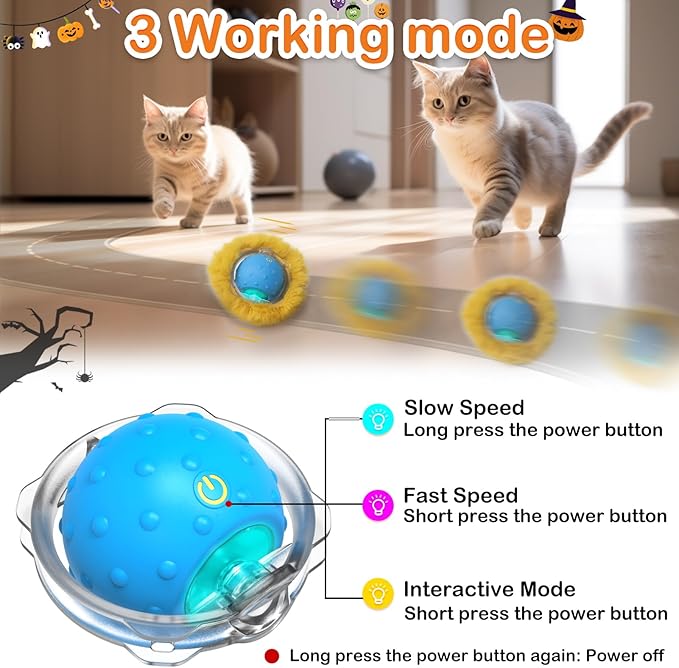 Interactive Cat Toys Ball Fast Rolling in Pouch, Motion Activate Chirping Cat Toy Hide and Seek Mouse Catching Game (Halloween Party)