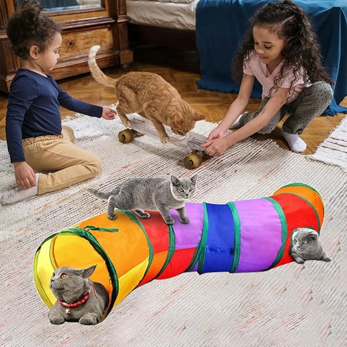Foldable Cat Tunnel, S Shaped 2-Way Cat Tunnels for Indoor Cats, Collapsible Cat Play Tunnel, Interactive Toy Maze Cat House with 2 Play Balls for Cats, Puppy, Kitty, Kitten, Rabbit