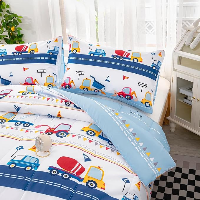 Cartoon Car Kids Comforter Set Twin,Construction Bedding Set Equipment Trucks Comforter Excavator Tractor Quilt Set with 1 Comforter 2 Pillowcases for Boys Girls Teens Adults Bedroom Decor(Blue Red)