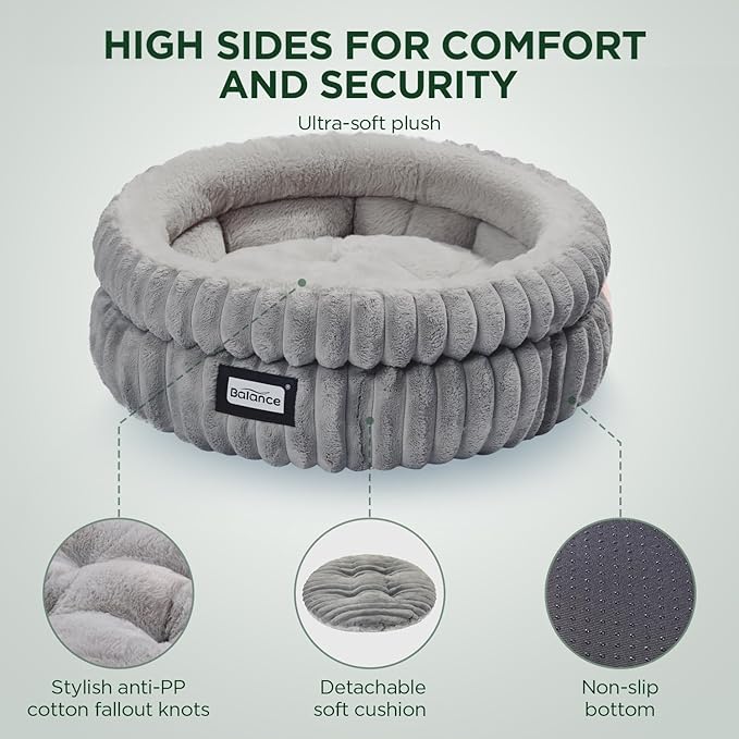 BALANCE Cat Bed Kitten Bed, Washable Round Cat Beds for Indoor Cats,Super Soft Plush Faux Fur Pet Bed for Puppy and Kitten with Anti-Slip Bottom