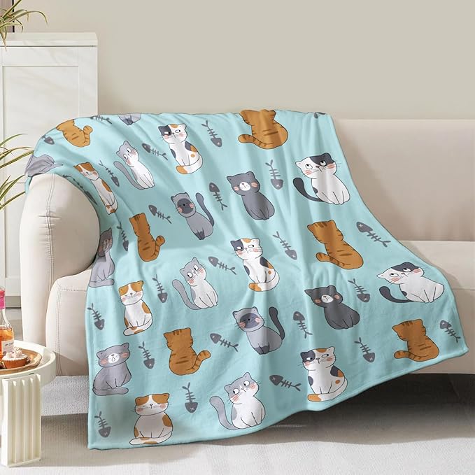 Cat Blanket Gifts for Women Girls Mom Mother's Day Birthday Christmas Valentine Present Kawaii Kitten Fishbone Theme Decor Bedroom Living Room Sofa Couch Soft Cozy Plush Kids Adults Teen Throw 60"x50"