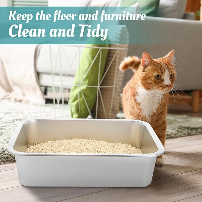 5 Pcs Cat Supplies Includes Stainless Steel Litter Box Small with Cat Litter Scoop, Cat Bowls for Food and Water, Catnip Fish, Cat Mat, Metal Litter Pan for Kittens Cat Lovers