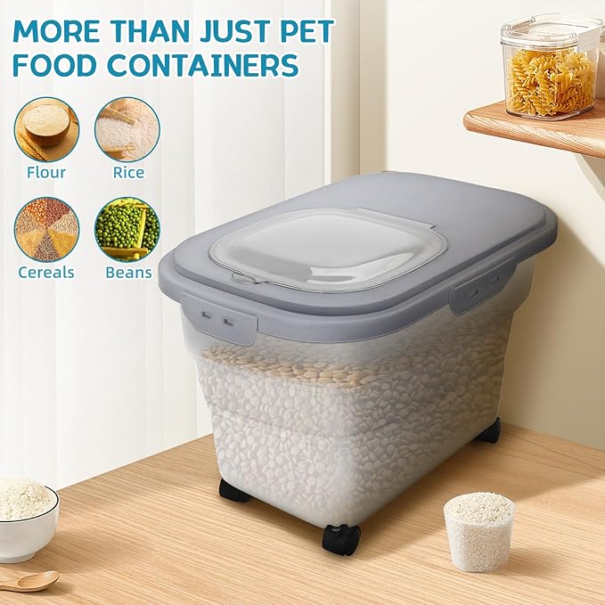 Pet Food Container, Collapsible Dog Food Storage Container with Detachable Casters & Airtight Lid for Keeping Dry Kibbles, With Dog Food Scoop and Measuaring Cups