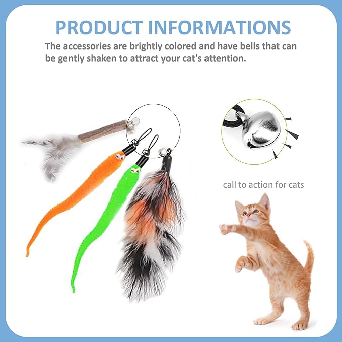 Cat Fishing Pole for Indoor Cats,Interactive cat Toys with Colorful Feather and Bell. (Blue)