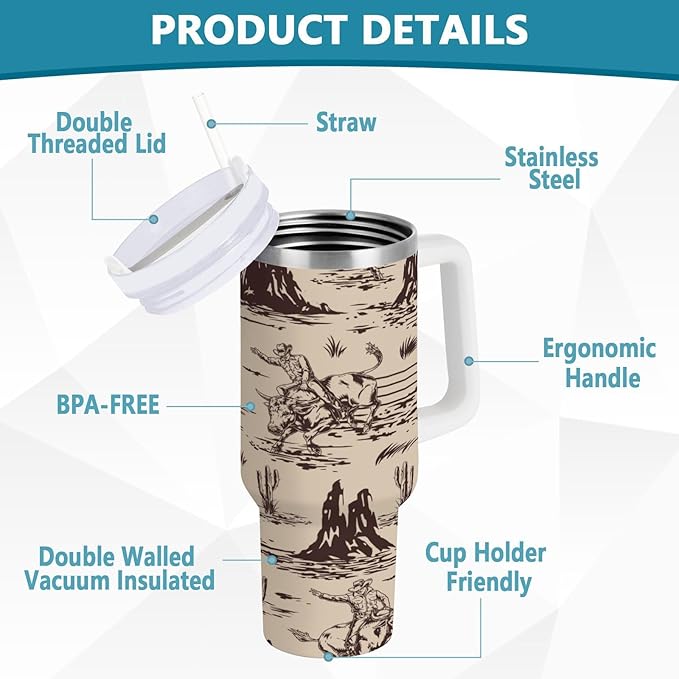 Boccsty Cowboy Cacti Insulated Tumblers Reusable Stainless Steel Tumbler 30 oz Cup Coffee Travel Mug Water Bottle with Handle & Flip Straw for Home Office Car