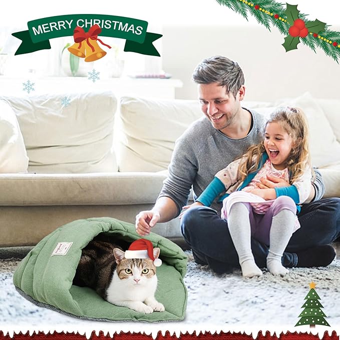 Cat Sleeping Bag , Linen Fabric Bed Cave Leaf Nest Pet Cuddle Zone Covered Hide Hood Burrowing Cozy Soft Durable Washable with Non-Slip Bottom for Indoor Puppy and Kitten (Green), PD50082