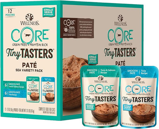 Wellness CORE Tiny Tasters Pate Adult Wet Cat Food, Natural, Protein-Rich, Grain Free, 1.75-Ounce Pouch, 12 Pack, (Seafood Variety Pack)