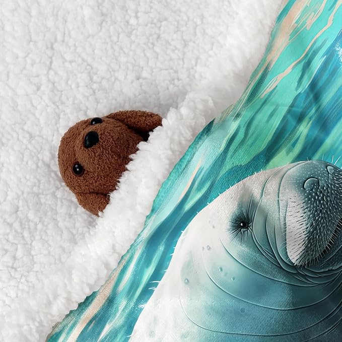 Manatee Family Sherpa Blanket, Animal Print Fleece Throw Blankets for Couch Sofa Bed, Super Soft Warm and Lightweight, 60" x 80"
