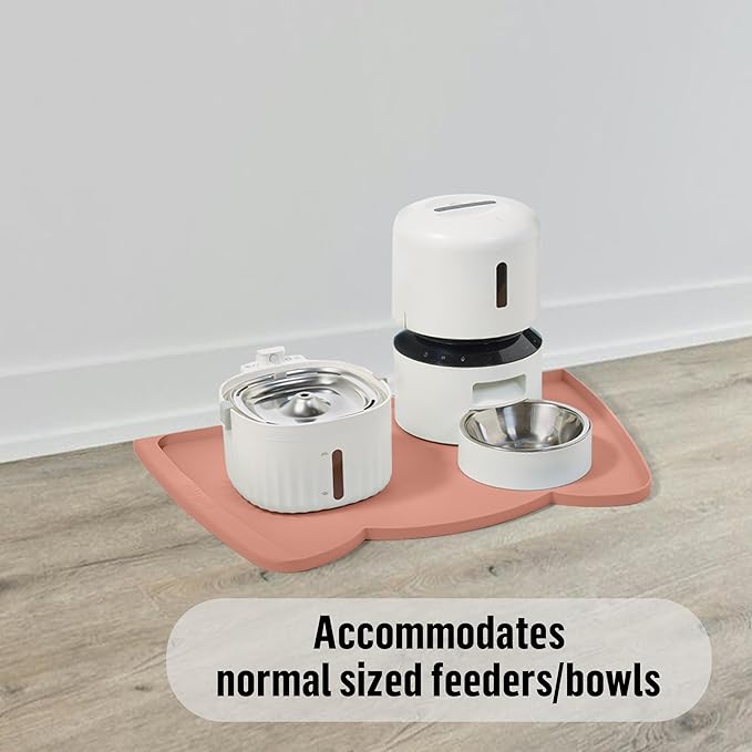 OHMO Dog Food Mat(Rose, 24 * 15'') w/Residue Collection Pocket Silicone Pet Feeding Mat for Floor High Edges Anti Spills Waterproof Cat Water Bowl Tray, Easy Clean Placemat