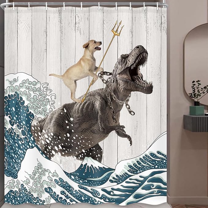 Boziqr Funny Dog Shower Curtain, Japanese Ocean Wave Dinosaur Rustic Barn Door Decor Fabric Bathroom Curtains Set, Cute Animal Kids Polyester Fabric Waterproof, 60 X 70 Inches
