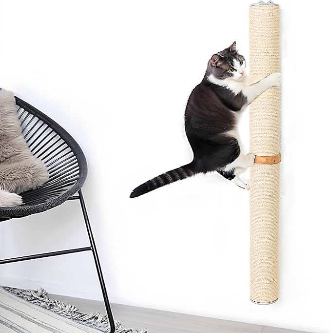 Tall Sisal Rope Cat Scratching Post, Wall Mount 2 Ties Cat Pole - Vertical Cat Wall Scratcher, Cat Wall Furniture