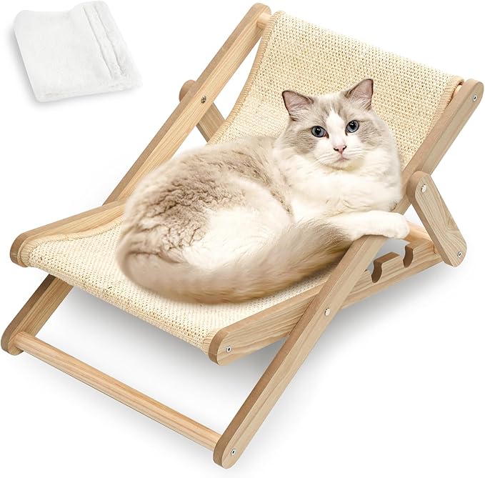 Sisal Cat Chair No Assembly Required, 3-Gear Adjustable Cat Sisal Lounge Chair, Natural Wooden Cat Chair for Indoor Cats with Removable Cat Chair Blanket, Cat Beach Chair for Small Medium pet
