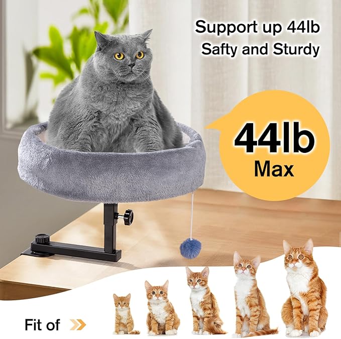 Cat Desk Bed - 360°Rotating & Adjustable, Supports Up to 44 lbs, Soft Faux Fur Fabric, Desk Cat Nest Bed Modern Indoor Cat Furniture for Office Desks and Game Tables, Island Table