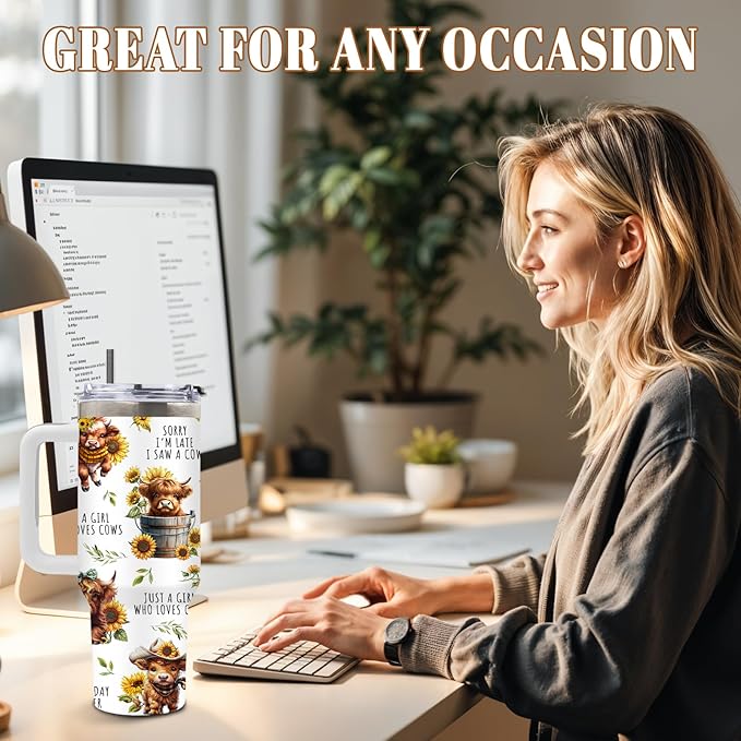 Highland Cow Gifts for Women, Cow Tumbler Flowers, Highland Cows Gift for Girls, Funny Cute Just A Girl Who Loves Cows, 40 Oz Tumbler with Handle