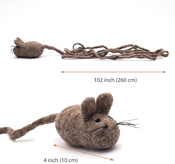 Glaciart One Felt Mouse Cat Toy – Soft Fuzzy Enrichment 100% Natural Wool Toy - Interactive Catnip Play Cat Toy Set - Safe for Pets, Non-AZO Colored Dyes - 100” Long