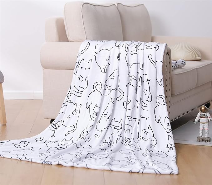 Sviuse Cat Blanket Twin Size Black and White Cats Pattern Throw for Women Girls Kitty Lovers Cat Mom (60" X 80", Cat 2)