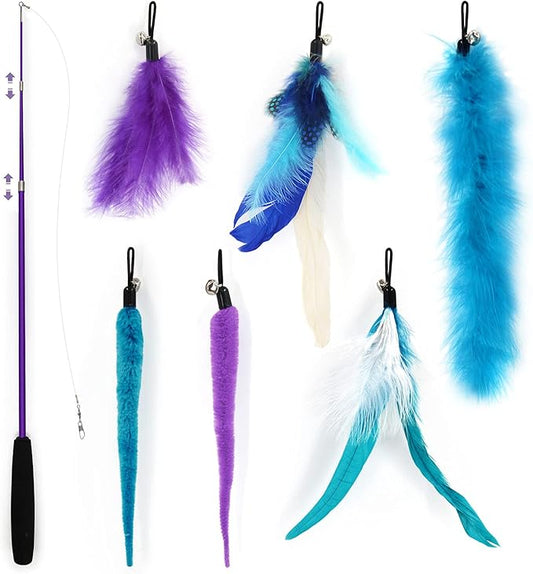 SONGWAY Interactive Cat Feather Toys - 7 Pcs Cat Toy Set, Retractable Cat Wand Toy, Teaser Refills Worm Bird Feathers with Bell, Cat Teaser Toys for Indoor Cats Kitten Play Chase Exercise, Blue