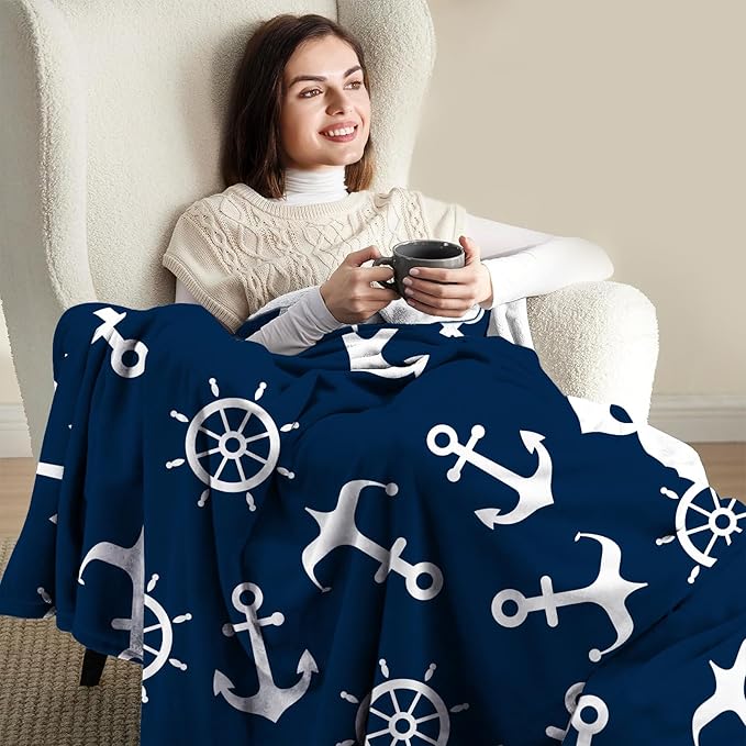 Nautical Anchor Blanket Gifts for Men Boys Dad Women Birthday Christmas Valentine Presents Sea Adventure Ocean Theme Decor Bedroom Living Room Couch Sofa Kids Adults Soft Cozy Throws Navy Blue 60"x50"
