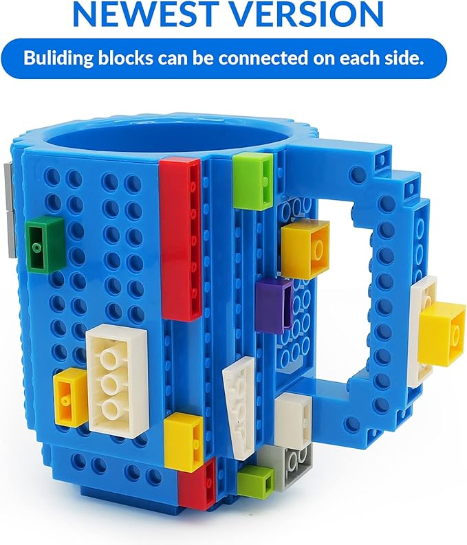 Build-on Brick Coffee Mug, Funny DIY Novelty Cup with Building Blocks Creative for Kids Men Women Xmas Birthday (Blue)