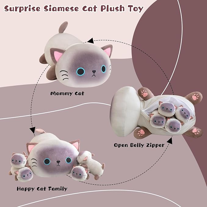Siamese Cat Plush Cute Siamese Cat Stuffed Animal Pillow with 4 Baby Plushies in Her Tummy, Soft Cotton Stuffed Animals Toy Gifts for Kids