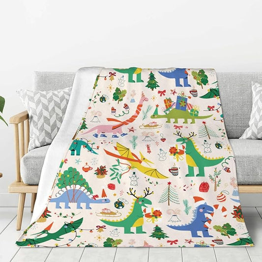 Kids Christmas Cute Dinosaur Print Blanket Throw 50"x40", Cozy Lightweight Plush Flannel Blanket, Soft Warm Decorative for Kids Women