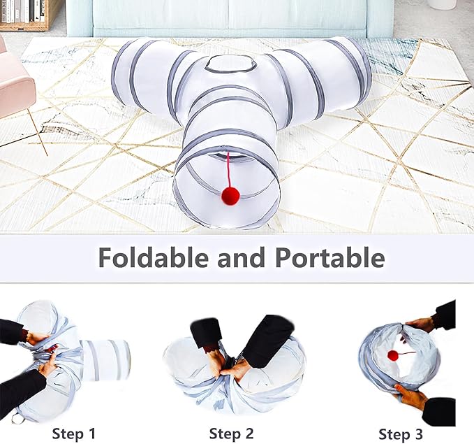 Cat Tunnel Tube Toys, Tunnels for Indoor Cats, 3 Way Colorful White Gray Collapsible Interactive Toy with Balls for Rabbits, Kittens, Ferrets, Puppy